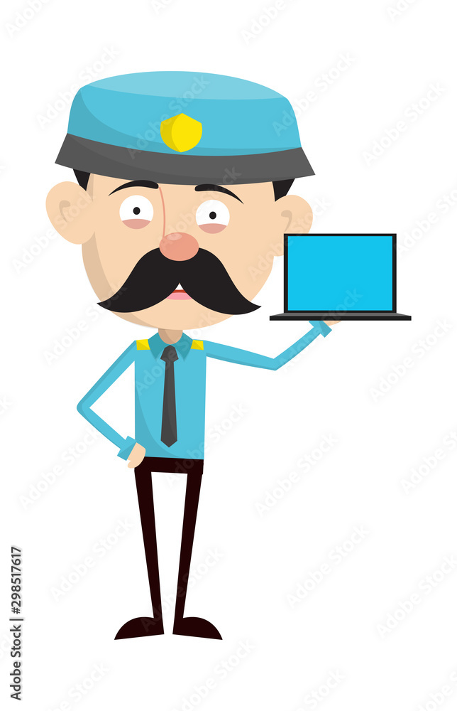 Funny Policeman Cop - Presenting a Laptop Funny Policeman Cop - Presenting a Laptop