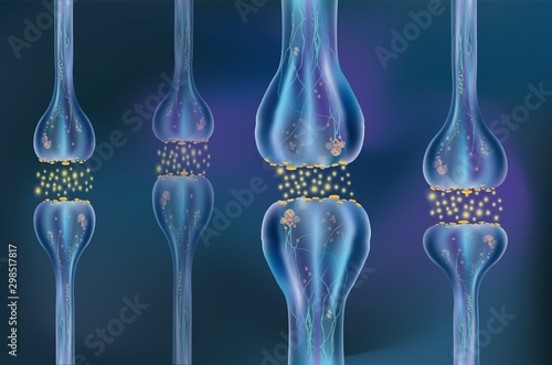 Signaling in the brain. Neural connections in the brain form thoughts, concept learning. Transmission of impulses in a living organism. Synapse electronic pulses. 3d vector for medical presentations.