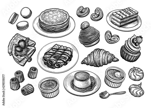 French desserts and pastries big set.