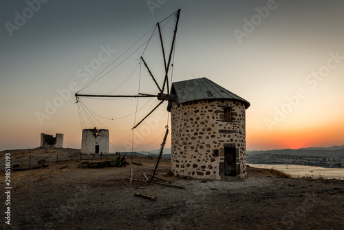 Ancient old windmills on the hill in the city of Bodrum in Turkey