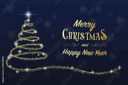 Merry Christmas and Happy New Year season’s greeting card with golden text, hand drawn glittering xmas tree, shining stars and snowflakes, winter holiday, vector postcard 4 by 6 format