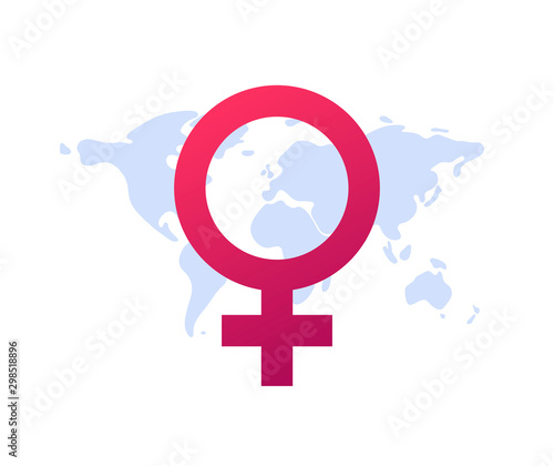 Vector flat woman empowerment illustration. Red female sign on global world map background. Concept of international feminism, march, sisterhood. Design element for banner, poster, web, infographics.