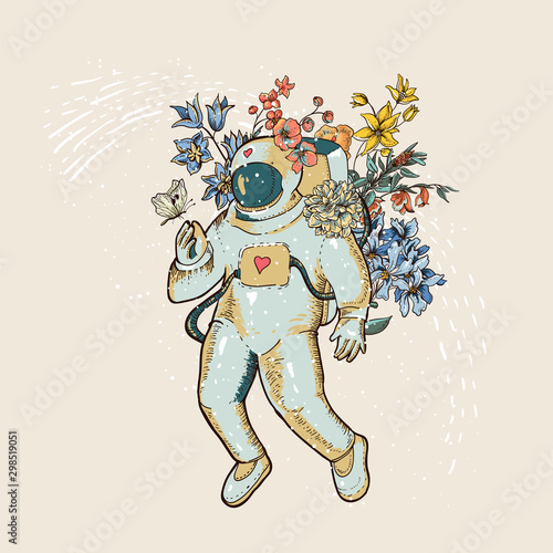 Vintage vector astronaut illustration with flowers. Science fiction, Hand drawn space,