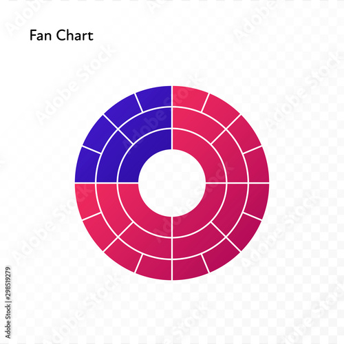 Vector color flat chart diagram icon illustration. Red and blue gradient fan chart. Circle isolated on transparent background. Design element for ancestor, statistics, analitics,ui, report, web