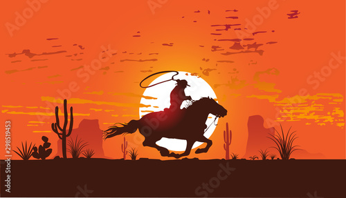 vector image of a cowboy on a horse galloping across the desert at sunse