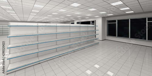 Store interior with empty shelves and window. 3d illustration