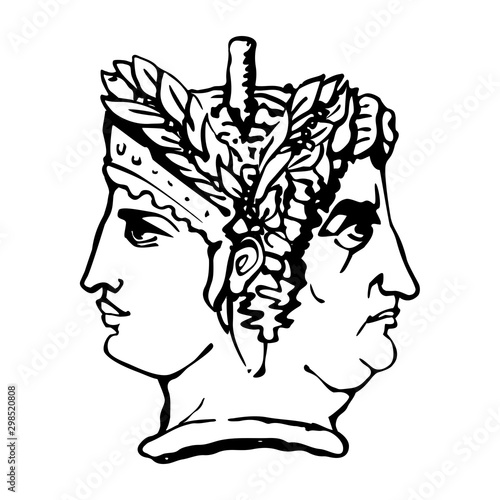 Two-faced Janus. Young Woman and Old Woman heads in profile, connected by the nape. Stylization of the ancient Roman style. Graphical design. Vector illustration.