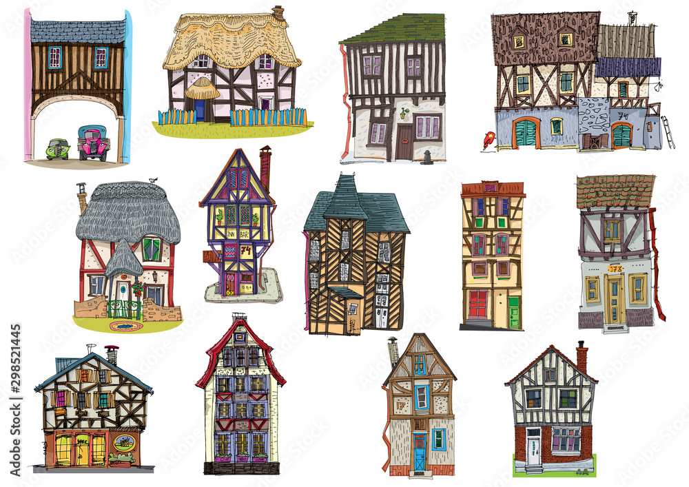 A big set of cute old half timbered houses. Medieval facades. Cartoon. Caricature. A big set of cute old half timbered houses. Medieval facades. Cartoon. Caricature.