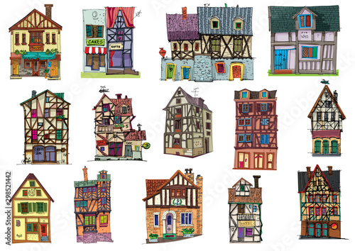 A big set of cute old half timbered houses. Medieval facades. Cartoon. Caricature.
