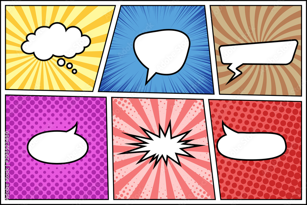 Fototapeta premium Vector comic book page template with different backgrounds and speech bubbles. Pop art style