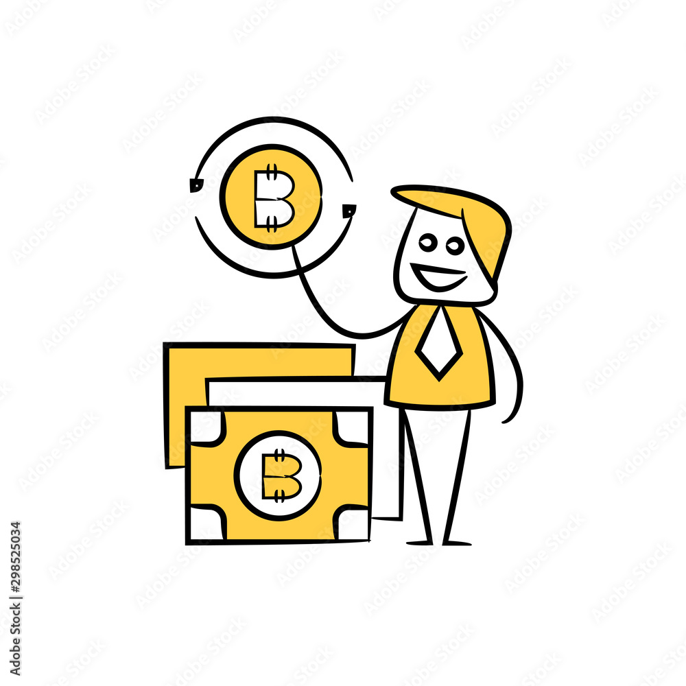 businessman holding bitcoin money and bank yellow doodle stick figure design businessman holding bitcoin money and bank yellow doodle stick figure design