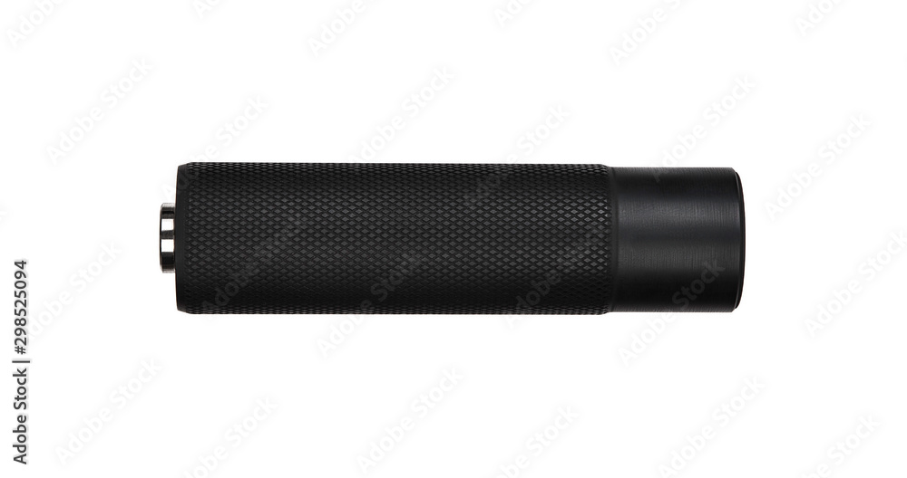 Black silencer for weapons. Suppressor that is at the end of an assault rifle. Black silencer for weapons. Suppressor that is at the end of an assault rifle.
