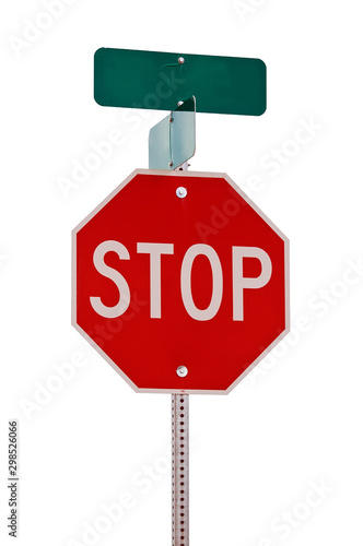 Isolated photograph of a stop sign and street sign.