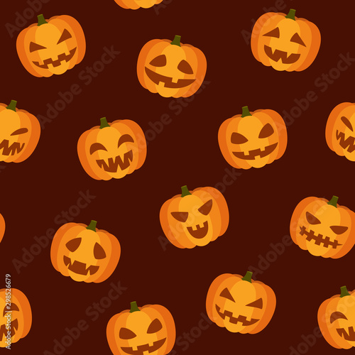 Emotion face pumpkin set, Halloween seamless pattern. Spooky scary horror facial expressions of pumpkins. Carving. Vector illustration on white background