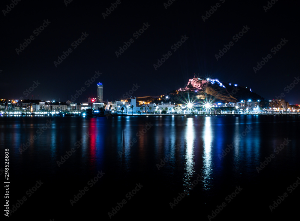  Pleasure craft port with reflections at night. Alicante