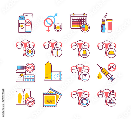 Contraceptive methods color line icons set. Safety sex sign. Birth control elements: intrauterine, oral, hormonal and protective.