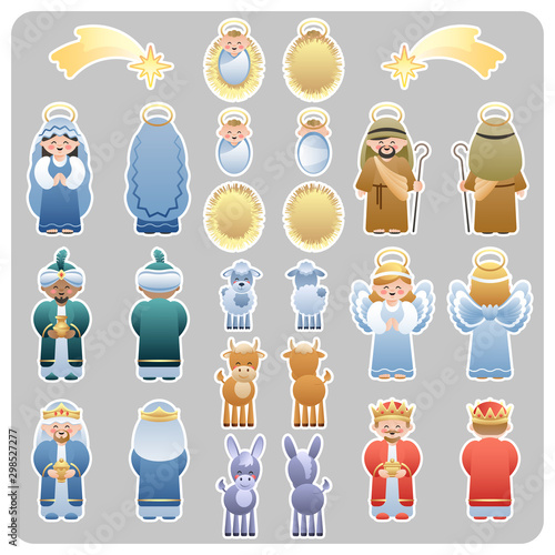 Big Two Sided Nativity Stickers Collection. Cute cartoon characters. Vector illustration without transparency.