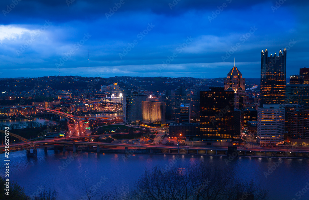 Duquesne Bridge of Pittsburg and downtown at night