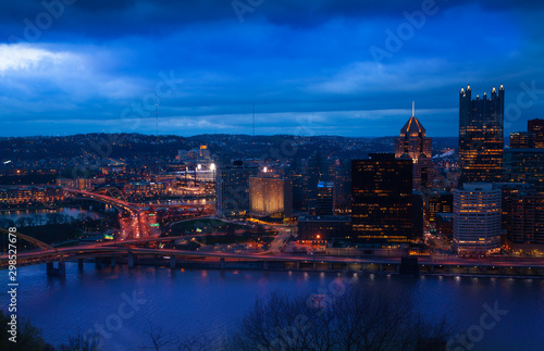 Duquesne Bridge of Pittsburg and downtown at night