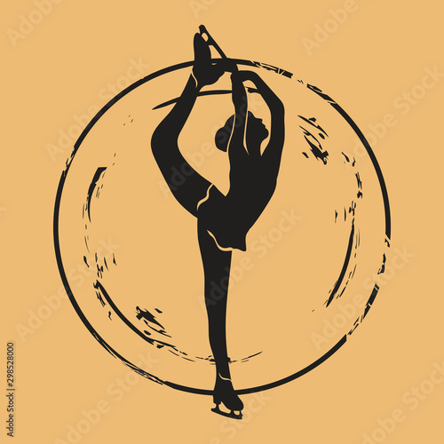 Figure skater silhouette icon vector round shabby emblem design, old retro style. Figure skating logo mail stamp isolated on craft paper. Vintage grunge sign. Winter sport round seal imitation.