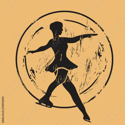 Figure skater silhouette icon vector round shabby emblem design, old retro style. Figure skating logo mail stamp isolated on craft paper. Vintage grunge sign. Winter sport round seal imitation.
