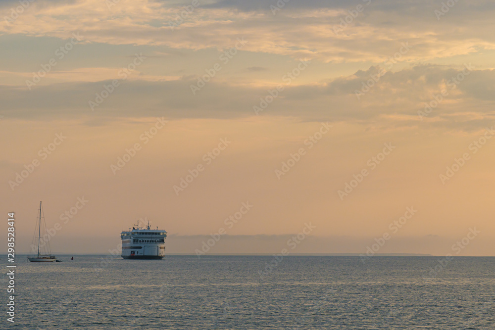 Fototapeta premium Misty Morning as the Martha's Vineyard Ferry arrives in Vineyard Haven