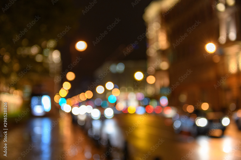 View of traffic in city street, night scape, blured bokeh background - obrazy, fototapety, plakaty 