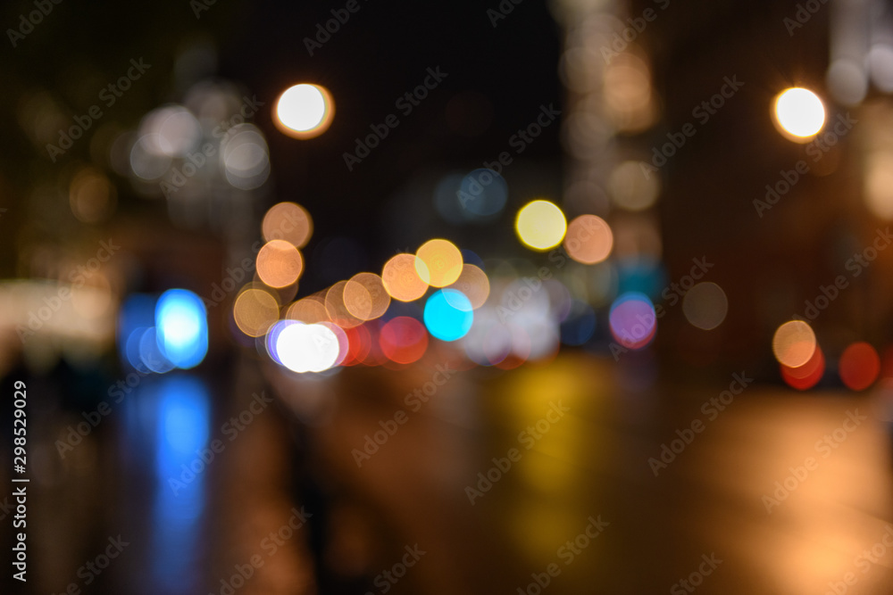  View of traffic in city street blurred bokeh background, night scape - obrazy, fototapety, plakaty 