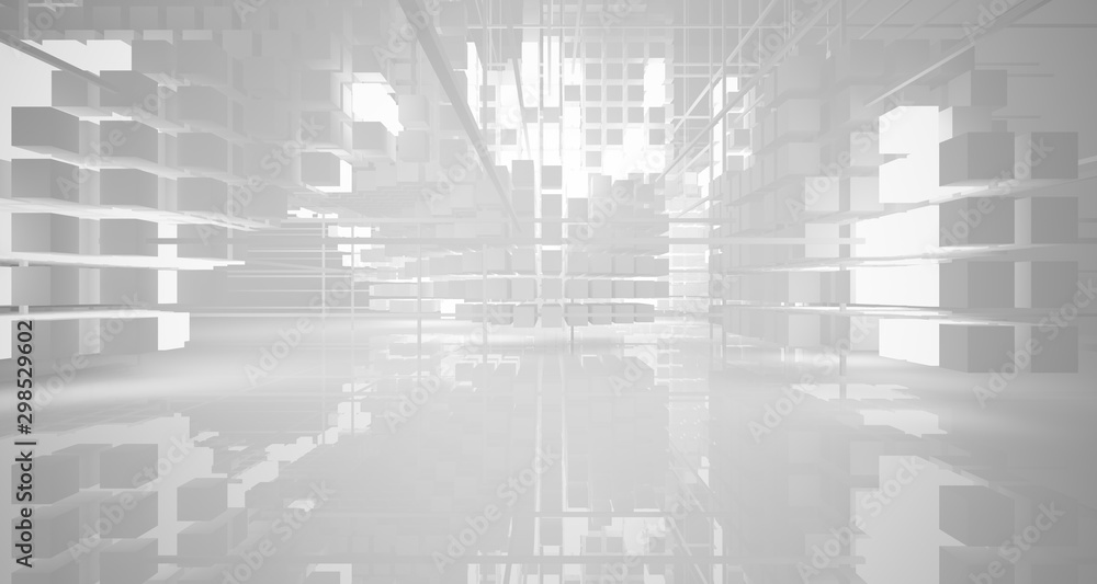 Abstract white architectural interior from an array of white cubes with neon lighting. 3D illustration and rendering. Abstract white architectural interior from an array of white cubes with neon lighting. 3D illustration and rendering.