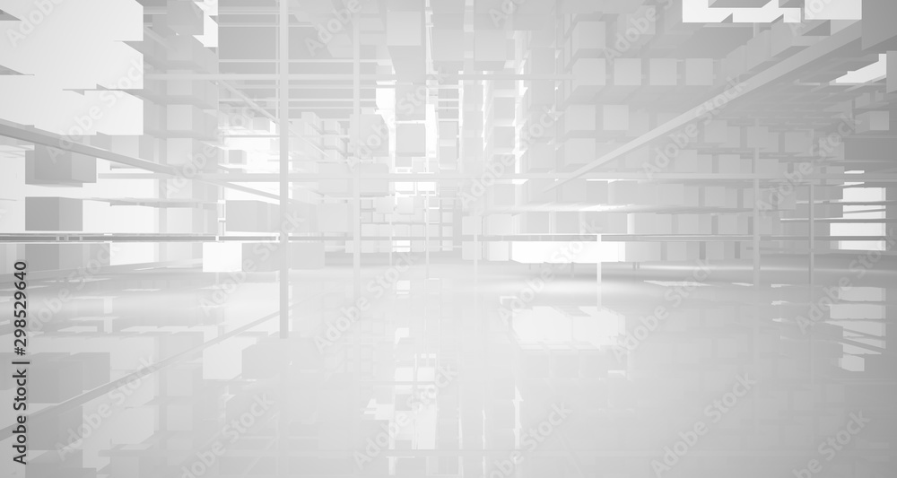 Fototapeta premium Abstract white architectural interior from an array of white cubes with neon lighting. 3D illustration and rendering.