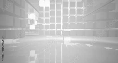 Abstract white architectural interior from an array of white cubes with neon lighting. 3D illustration and rendering. © SERGEYMANSUROV