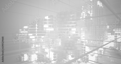 Abstract white architectural interior from an array of white cubes with neon lighting. 3D illustration and rendering.