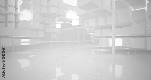 Abstract white architectural interior from an array of white cubes with neon lighting. 3D illustration and rendering.