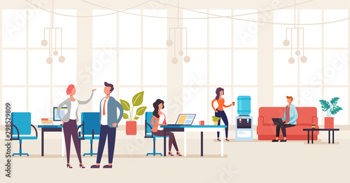 People office workers characters talking and working. Office life interior concept. Vector flat graphic design illustration photo