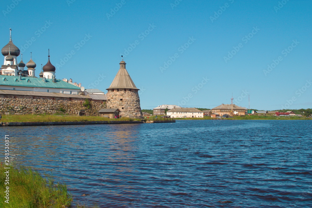 The Holy lake and Arkhangelsk towers of the Solovetsky Kremlin. Russia