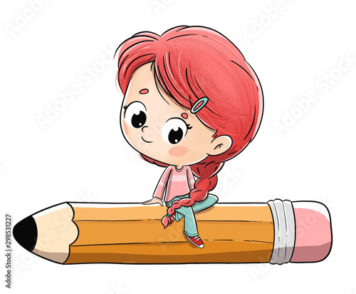 Girl seated in big pencil. She has a braid and red hair.