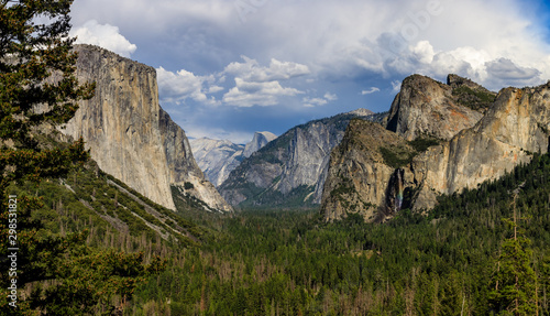 Panorama with half dome in the distance and a brilliant rainbow waterfall on the right and a pine tree on the left from Artist Point Trail in Yosemite national park