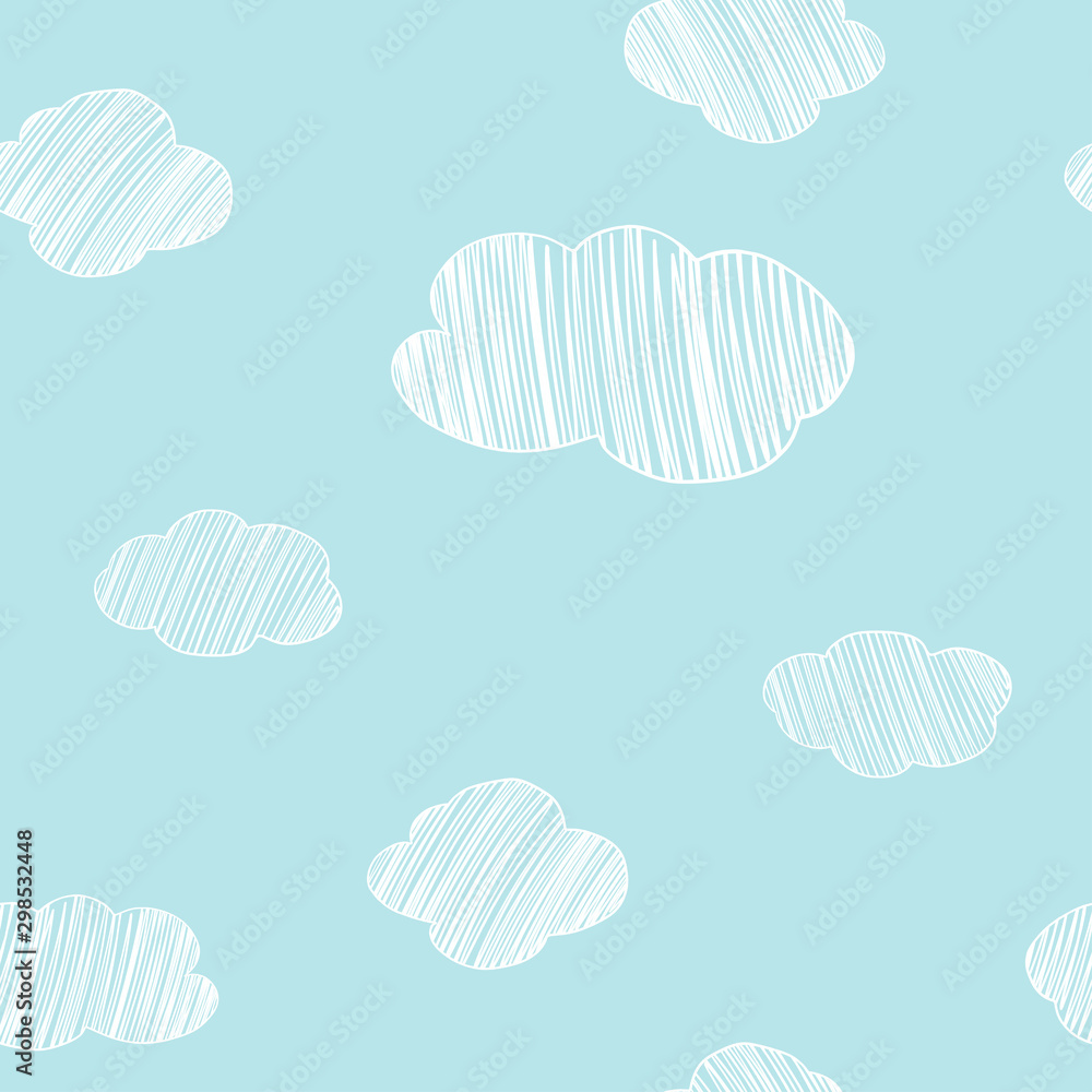 Seamless pattern with hand-drawn clouds on blue sky. Doodle. Seamless pattern with hand-drawn clouds on blue sky. Doodle.