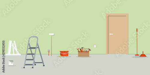Room repair in the house. There are working tools, a stepladder, a bucket, a brush, a scoop and other things for repair in the picture. Vector illustration