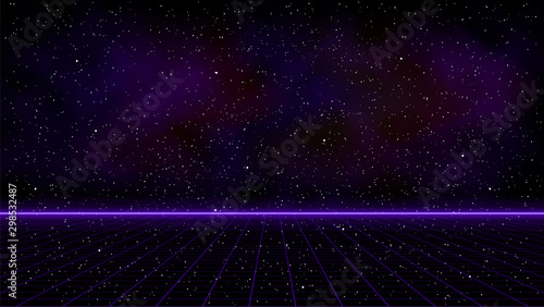 Retrowave purple laser perspective grid with bright horizon line and space nebula on starry background. Retrofuturistic cyber landscape illustration in the style of 1980s.
