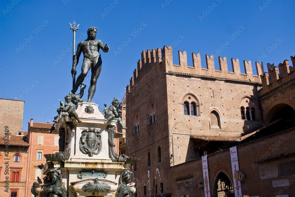 View of the Neptune fountain in Bologna, Italy