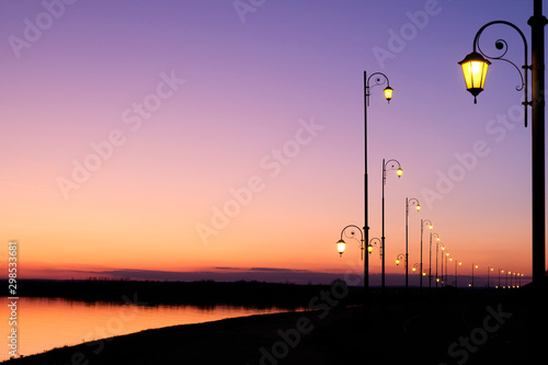 The night Volga riverside with beautiful lanterns