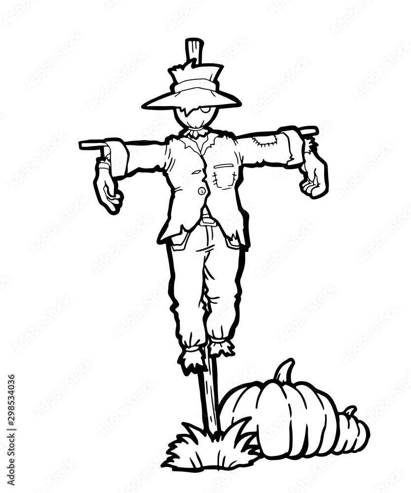 Black and White Cartoon Vector Illustration of Scarecrow Fantasy