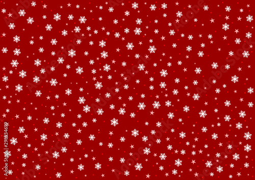 Red snow pattern. Falling snowflakes on a red background. Vector illustration