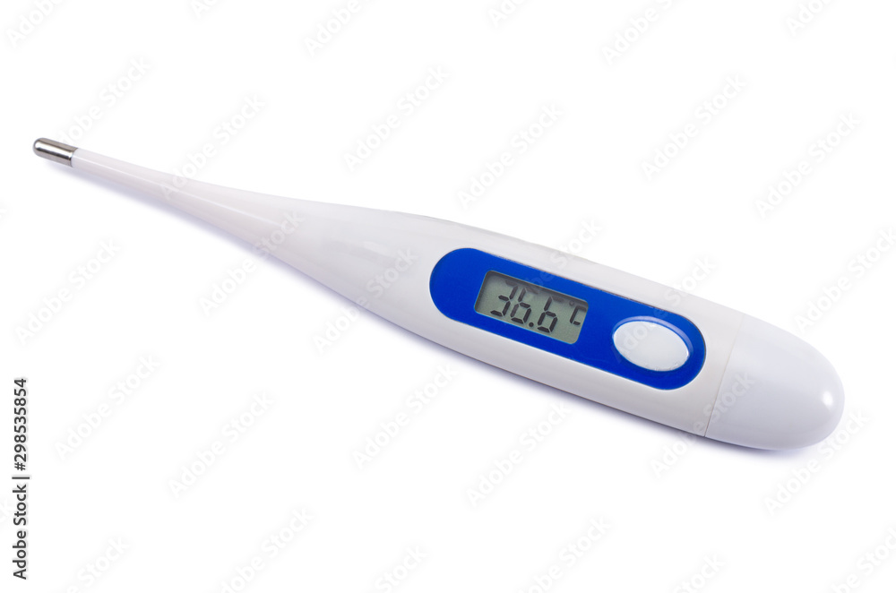 electronic thermometer isolated on white background, body temperature measurement tool with drop shadow electronic thermometer isolated on white background, body temperature measurement tool with drop shadow