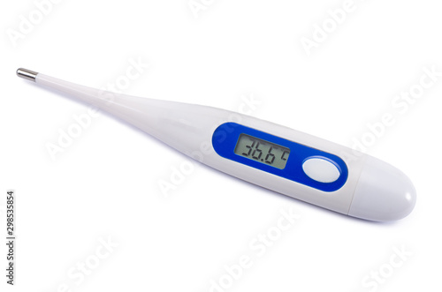 electronic thermometer isolated on white background, body temperature measurement tool with drop shadow