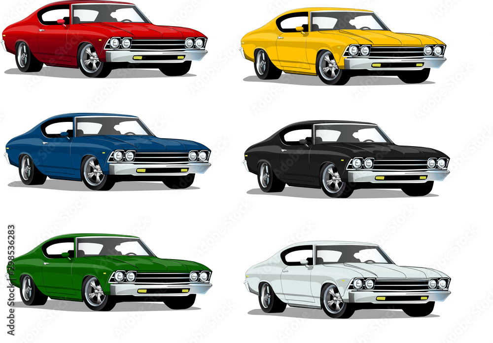 Classic muscle car in multiple colors