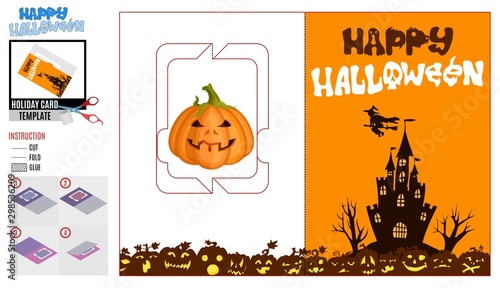 Holiday card template. witch flies over the castle