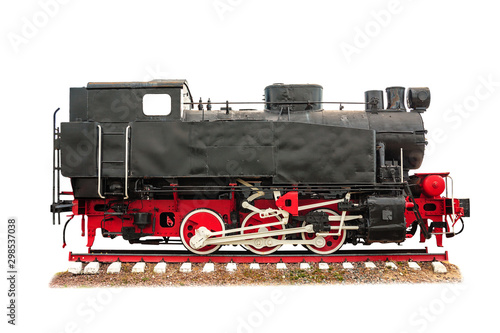 vintage steam train on the rails close-up isolated on white background, retro vehicle, steam engine