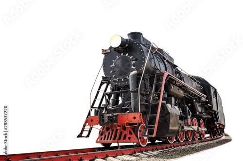 vintage steam train on the rails close-up isolated on white background, retro vehicle, steam engine, front view photo